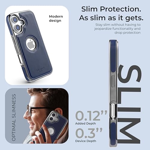 Image of PULOKA Chrome Leather Back Case - Compatible with iPhone 16 - Luxury Bumper Case - Flexible Vegan Leather - Electroplated Sides & Logocut - Full Camera Protetection & Raised Edges - Blue