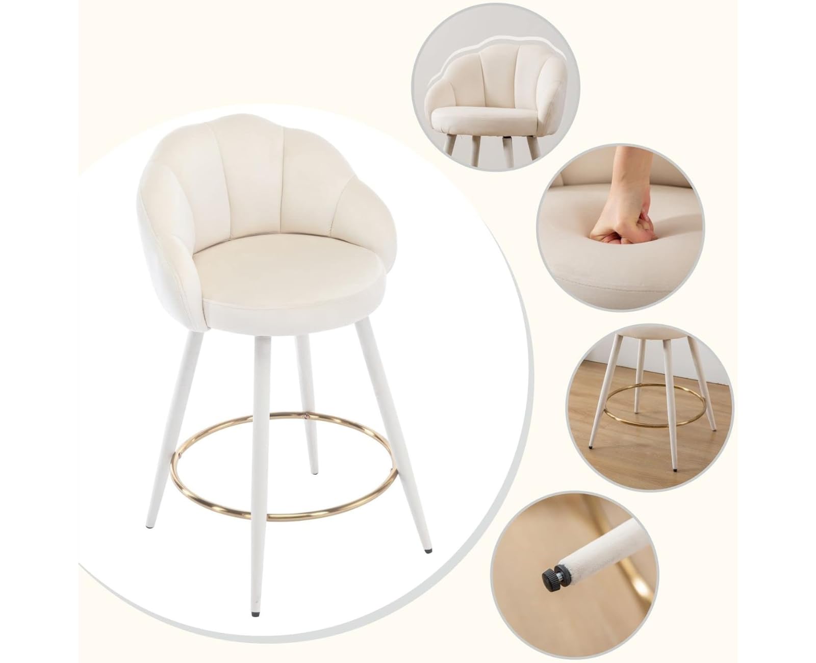 chairus Barstuhl 2er Set Samt Küchenhocker muschelform mit Lehne Beige | Modern Tresenhocker Gepolstert Barstuhl mit Metallbeine, Bistrohocker mit Fußstütze für Küche Hausbar Esszimmer