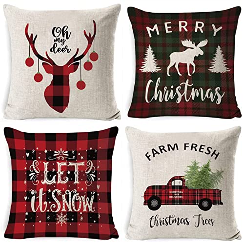 Fundas Almohada Navidad 4 Piezas, 45x45cm Fundas Cojines de Navidad, Cojines Navideños para Sofa, Cojines Decorativos para Sofa Navidad, Lino Funda de Almohada Navidad, Fundas Navideñas para Cojines Cover