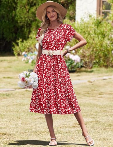 Image of HOTOUCH Women's Summer A-Line Midi Dresses 2026 Casual Floral Short Sleeve T-Shirt Dress Flowy Beach Sundress with Pockets