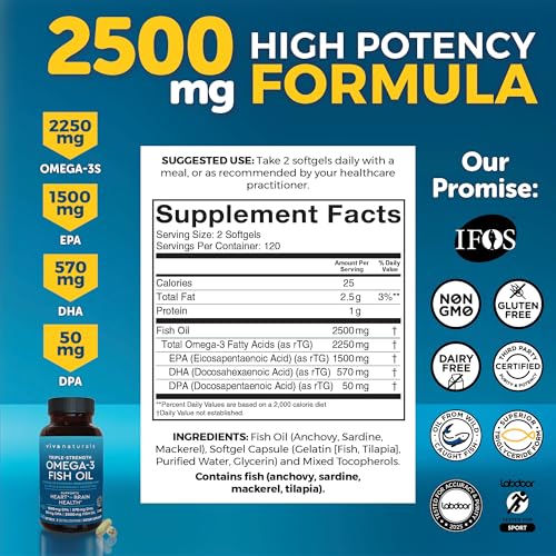 Image of Viva Naturals Omega 3 Fish Oil Supplement for Women and Men - 2500 mg Triple Strength Fish Oil Pills with Re-Esterified Omega 3 Fatty Acids Including EPA, DHA DPA - 240 Pescatarian-Friendly Softgels