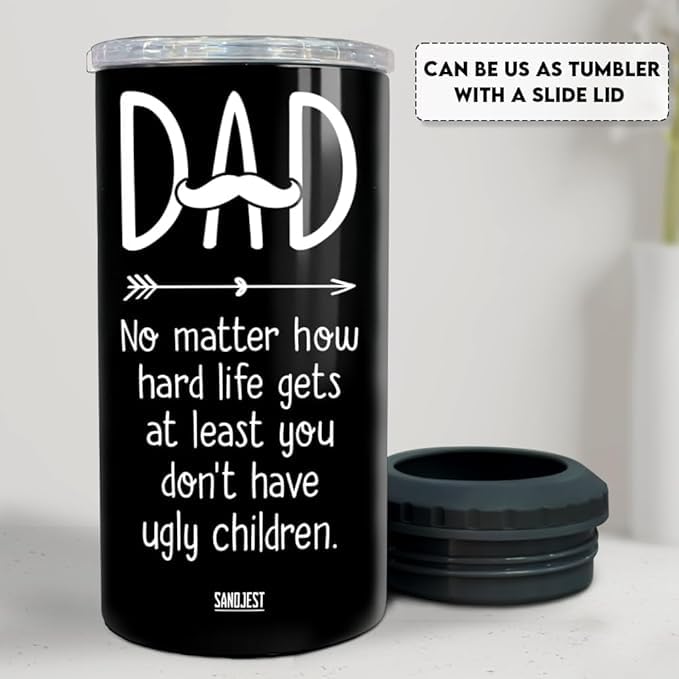 Image of SANDJEST 4-in-1 Dad Tumbler Gifts for Dad from Daughter Son - 12oz Funny Ugly Children Dad Can Cooler Tumblers Travel Mug Cup - Insulated Cans Coozie Travel Mug Christmas, Birthday, Father's Day Gift