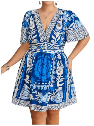 Image of Floerns Women's Plus Size Printed V Neck Short Sleeve Ruffle Hem Summer Short Dresses