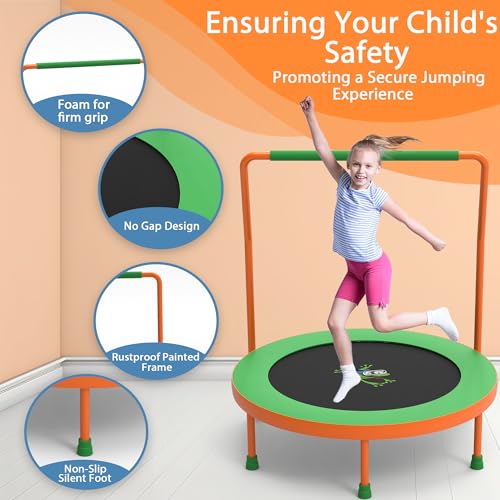 3FT Foldable Kids Trampoline, 36'' Indoor & Outdoor Mini Trampoline for Toddlers, Max Capacity 220 LBS, Adjustable Handlebar, Quiet & Safe Design