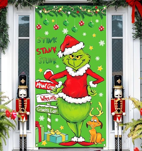 Vohado Green Christmas Door Cover Welcome Birthday Party Decorations Winter Holiday Front Porch Banner for Indoor Outdoor Home Decor