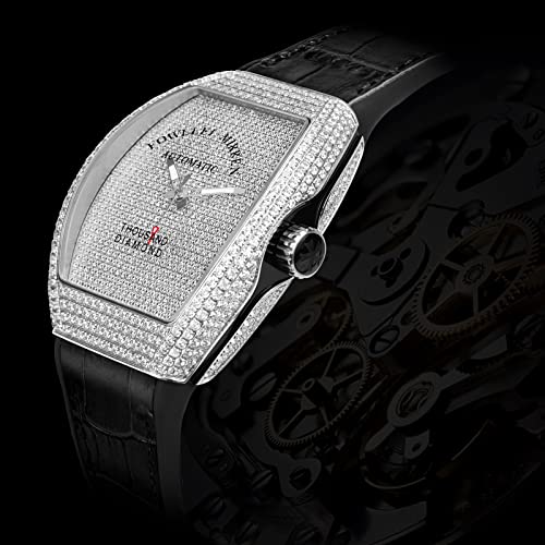 Fowllei Mirren Diamond Wrist Watch For Men, Mechanical Automatic Watch Waterproof Wrist Watch For Women Analog Watch Thousand Diamond Luxury Fashion Gift Tonneau Analog (Black-Silver Case) #TOP2