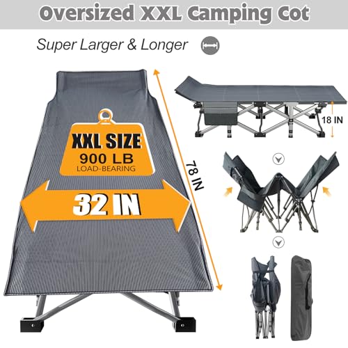 ABORON Oversized XXL Folding Camping Cot W/Mat for Adults, 78" L x 32" W x 18" H Heavy Duty Outdoor Bed with Carry Bag,1200 D Layer Oxford Travel Camp Cots