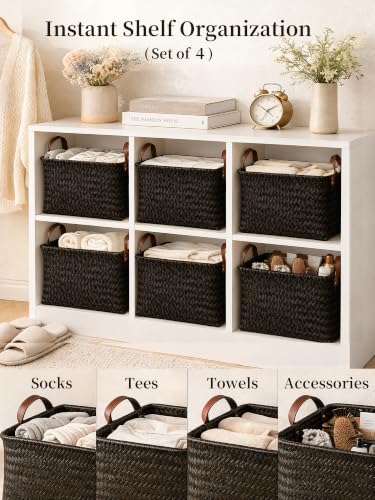 Panovox Hand Woven Baskets for Storage, 4Pcs Water-Resistant Wicker Baskets, Dark Gold Wicker Storage Baskets for Shelves, Large Basket with Handle for Organizing, Laundry, Blanket-Rectangular - Image 3