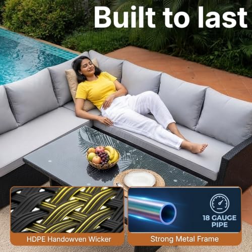 Image of DEVOKO 6 Pcs Outdoor Conversation Set Patio Furniture Set All Weather Wicker Sectional Couch 7 Seater Sofa Dining Table Garden, Poolside, Balcony, Backyard (Black And Grey Color)