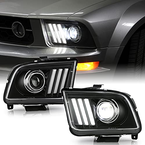 ACANII - For [Halogen Model] 2005-2009 Ford Mustang Black LED Tube Built-In LED Projector Headlights Headlamps Pair Set