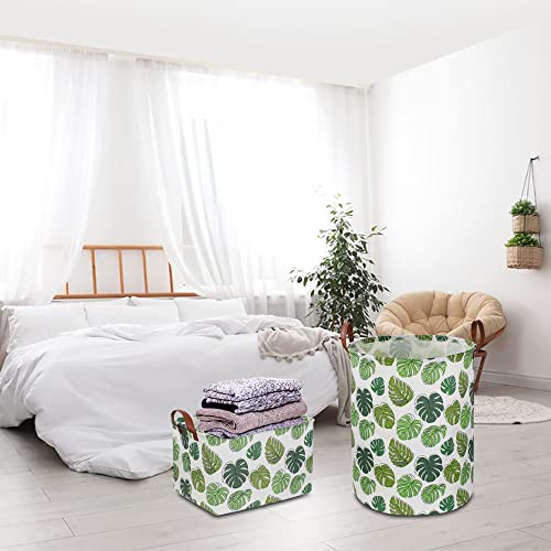 Image of NTAOHAMPER Round Green Laundry Hamper, Jungle Themed Nursery Decor, Tropical Pattern Basket, Monstera Room Decor,Waterproof Storage Bin, Gift Basket(Leaf)