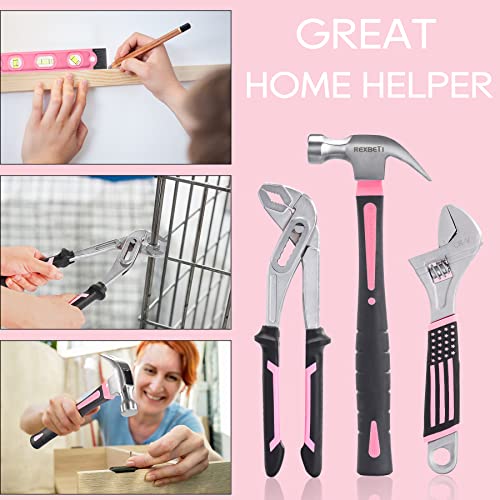 Rexbeti 219-Piece Pink Tool Set, Ladies Hand Tool Set With 16 Inch Tool Bag, Women Home Repairing Tool Kit, Large Mouth Opening Tool Bag With 19 Pockets, Perfect For Home Maintenance And Daily Use #TOP5