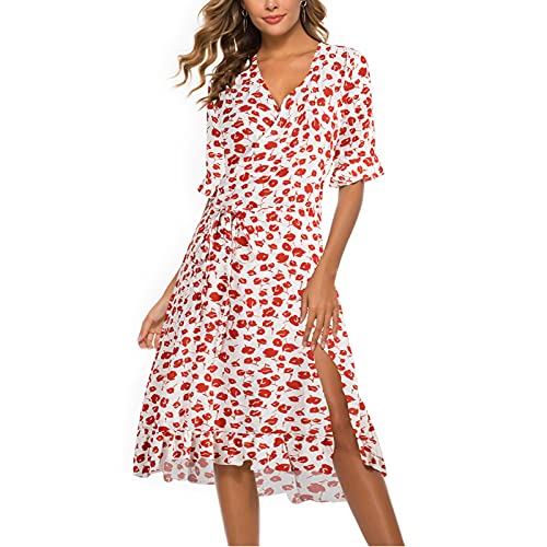Damen Blumen Sommerkleid Kurzarm V-Ausschnitt Polka Dots Lose Kleid High...