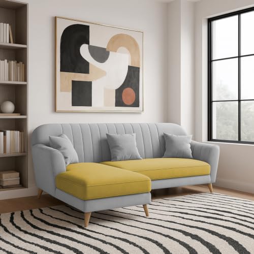Image of Atticus LHS 4 Seater L Shape Sofa Set with Ottoman for Living Room (Yellow Grey Fabric) Premium Fabric Sofa Set
