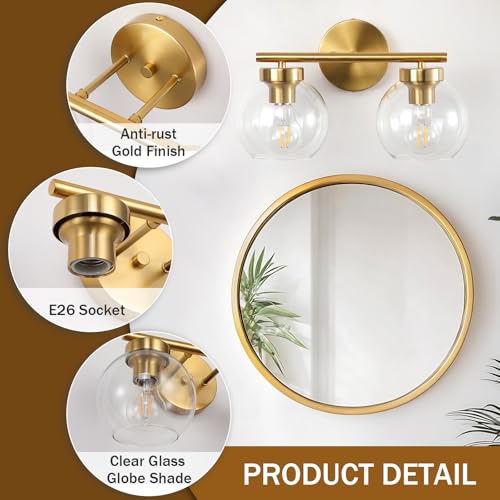 Image of Gold Vanity Light, 2 Light Bathroom Vanity Light with Clear Globe Glass Shades, Modern Bathroom Light Fixture Over Mirror, Brass Wall Sconce Light for Bedroom Restroom, E26 Socket
