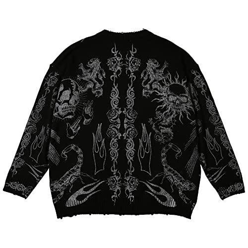 Retro Streetwear Ripped Sweater Eye's Power Skull Printed Dark Style Hip Hop Oversized Pullover Long Sleeve2