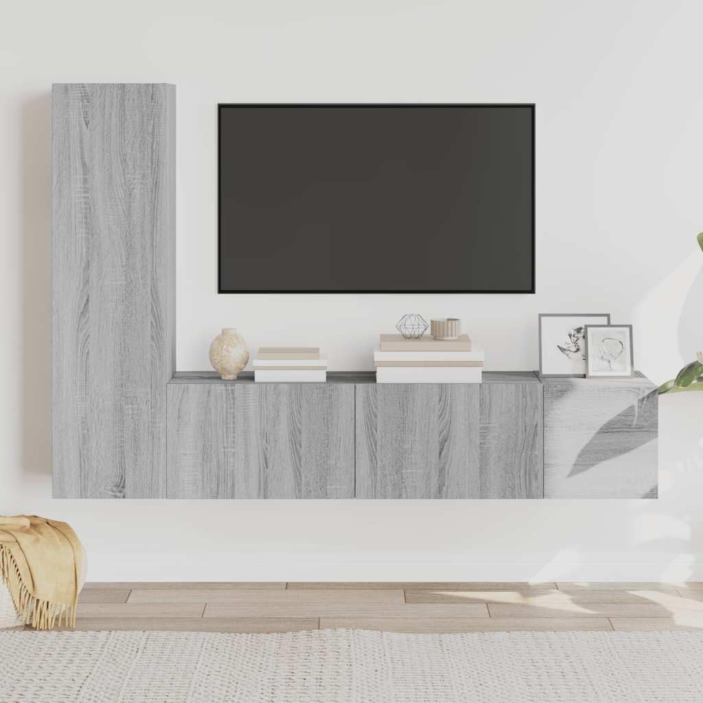 3-TLG. TV-Schrank-Set Grau Sonoma Holzwerkstoff, Wandmontage, Modernes Media-Center für Wohnzimmer, Vielseitige TV-Möbel mit Stauraum