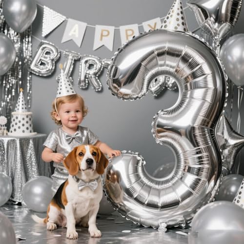 Image of Number Balloons Silver 3 Balloon 40 inch for 3rd Birthday Party Decorations | Saturated Color, Large 40 inch, With Straw & Hanging Hole, For Back-To-School Season, Anniversary, Christmas, New Year