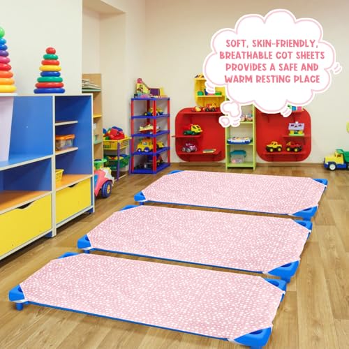 Image of Peryiter 6 Pcs Cot Sheets for Daycare Standard Size 24 inch x 51 inch Toddler Nap Mat Sheets Star Pattern with Corner Elastic Loops Breathable Bed Fitted Cot Crib for Preschool Child Kid Boy Girl (Pink)