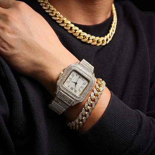 Halukakah Men’s Watch - The King - 18K Gold/Platinum Plated, 40MM Square Dial, Iced Out Wristband, with Cuban Link Chain Necklace and Bracelet Set Optional, Comes in Giftbox - Image 3