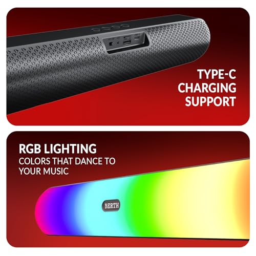 Image of BERTH Venero SB75 16W Bluetooth Soundbar | 2.0 Channel | 2000 mAh Battery | BT v5.3 | TWS Pairing | Dual Passive Radiators | AUX /FM /TF | RGB Lights | Up to 7 H Playtime | Wireless Bluetooth Speaker