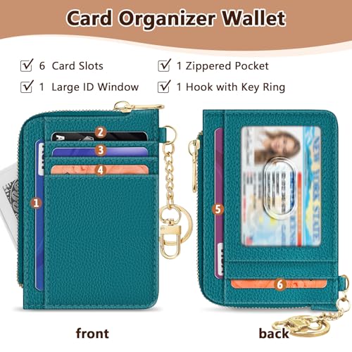 Image of GIANCOMICS Slim Wallet Credit Card Holder Women, Peacock Blue Rfid Blocking Small Card Case, Keychain Thin Pocket Curved Zipper Wallet, Travel Card Holder PU Leather ID Window, Ladies Female Gifts