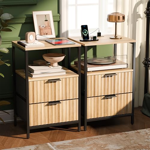 Image of VINGLI Nightstands Set of 2 with Fabric Drawers, Fluted Nightstand with Charging Station, Oak Night Stand Set 2, Bed Side Tables with Drawers Fabric, End Tales Bedroom with Charger Station