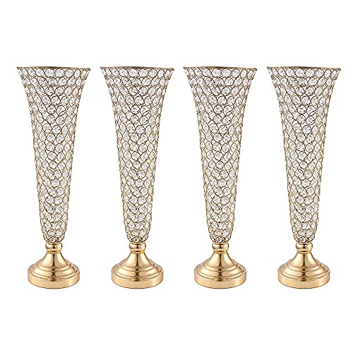 Vincidern 4Pcs Crystal Trumpet Floral Vase Wedding Flower Vase For Table Centerpiece, 21 Inch Tall Gold Flower Vase For Home Decoration #TOP7