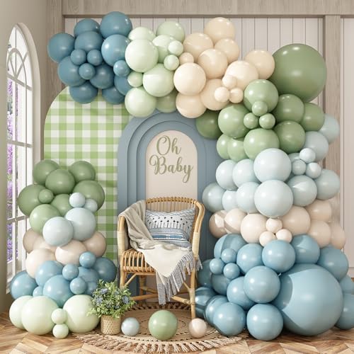 Image of Dusty Blue Sage Green Balloon Garland Arch Kit, 130 Pcs Fog Blue Light Blue Green Sand White Balloons for Baby Shower Bridal Shower Anniversary Birthday Boho Wedding Jungle Safari Party Decorations