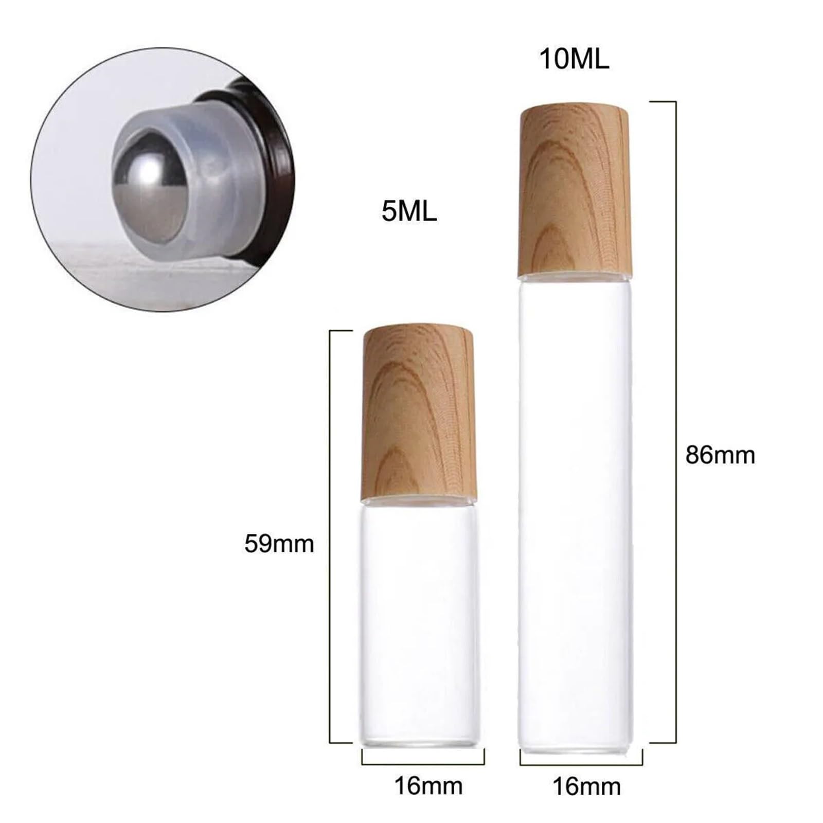 Roll On Flasche 20 x 50 x Rollflaschen aus Glas for ätherische Öle, 1/2/3/5/10 ml, mattiert, durchsichtig, Roll-On-Fläschchen, Holzoptik