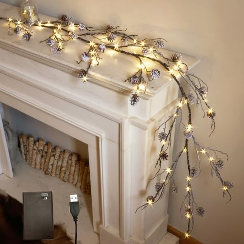 LITBLOOM Lighted Flocked Garland with Pine Cone Battery Operated and