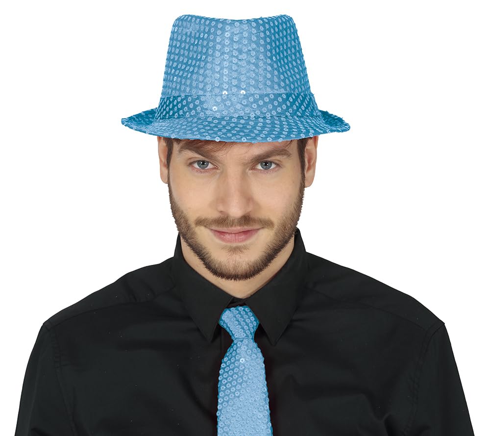 FIESTAS GUIRCA | Fair Blue Sequined Gangster Hat - Fancy Dress Accessory for 1920s Parties and Themed Celebrations - Ideal for Unisex Adults - Blue