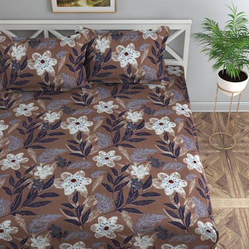 Image of Florida Brown Floral Microfiber Comforter Set for Double Bed | Soft Reversible 180 GSM AC Comforter with King Bedsheet & 2 Pillow Covers