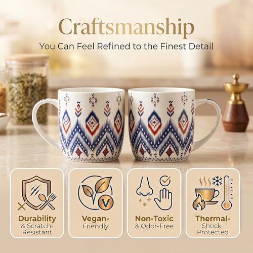 Image of UPC Coffee Mug Set of 6 | White Blue & Red Ikat Tribal Geometric Print | Boho Aztec Diamond Chevron Pattern | Tea & Coffee Cups | Microwave Safe | Home & Kitchen