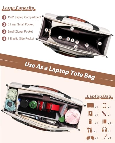 Bnlcd Lunch Tote Bag for Women - 15.6 Inch Laptop Work Bag with Insulated Lunch Compartment - Large Capacity Quilted Computer Handbag - Leakproof Lunch Box for Women Adults, White-black - image 5