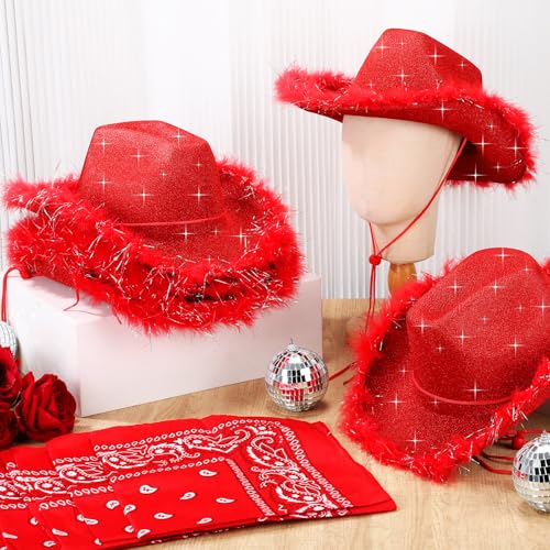 Image of Coume 12 Pcs Sparkly Adults Cowboy Hat and Bandanas Women Men Western Glitter Cowgirl Party Hats with Adjustable Drawstring