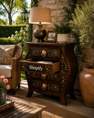 Image of Shopify Wooden Stool-Natural Wood Antique Look Side Table with 4 Drawer for Living Room