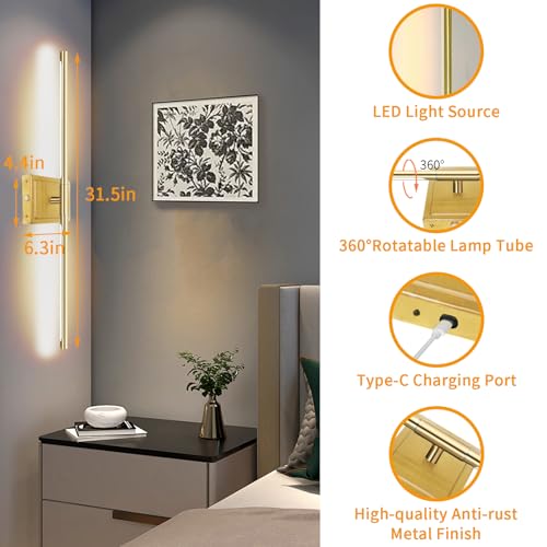 Image of Wall Sconces Set of 2 Battery Operated, 8000mAh USB Rechargeable Wall Sconce with Remote Control, 360Rotate Dimmable 3000K-6000K LED Dimmable Picture Lamp for Living Room, Bedroom, Hallway (32inch)