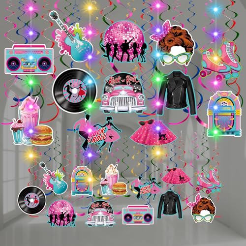 Image of Skyygemm 56 Pcs 50s 60s 80s Hanging Decorations with Lights Hippie Tie Dye Peace Love Groovy Retro Rock and Roll Cutouts Ceiling Streamers for Birthday Neon Back to 1950s 60s 80s Party Supplies(50s)
