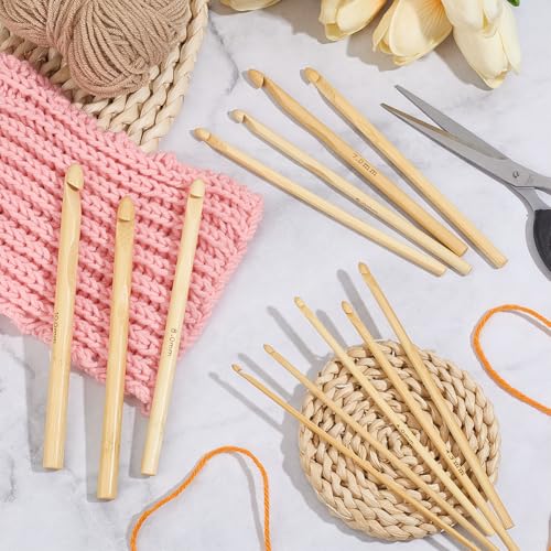 Image of CALFOVERA 12PCS 5.9 Inch Single Point Bamboo Crochet Hooks Kit 12 Size Wooden Knitting Needles Bamboo Knitting Needles Set for Handmade DIY Making Sweater Yarn Projects(3 to 10mm)