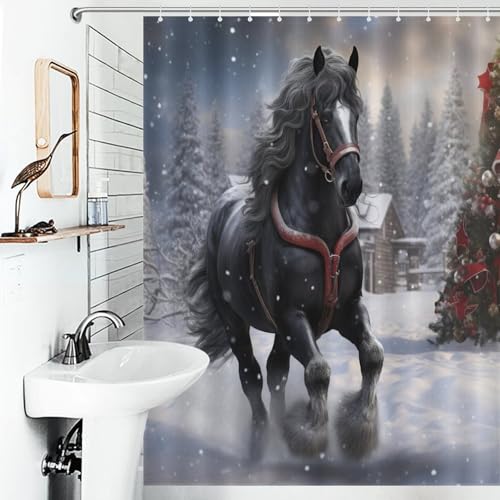 Rideau de douche cheval en polyester imperméable et lavable pour baignoire 140x183cm