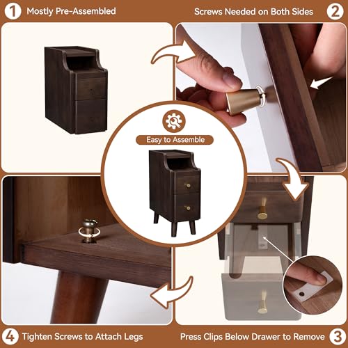 Image of Nightstand, Pre-Assembled, 19.7 inchH Solid Wood Night Stand with 2 Drawers, Open Sliding Shelf, Mid Century Modern Small Bedside Table for Bedroom, Black Walnut 8 inch