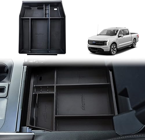 BestEvMod Caja de almacenamiento, bandeja organizadora de consola central con ribete de cuero vegano compatible con Ford F150 F-150 Lightning Negro