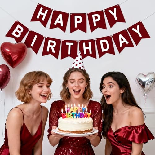 Image of Happy Birthday Banner Party Banner NO DIY Birthday Sign Burgundy