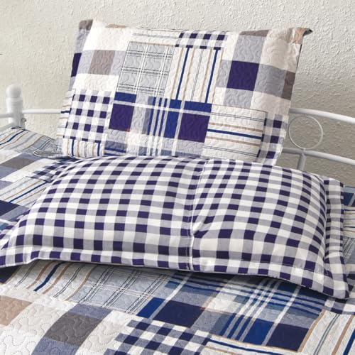 Image of Jarson 3 Pcs Plaid Daybed Cover Set Twin Size Navy White Brown Sofa Cover Double Side Bed Set Classic Patchwork Bedding Sets Daybed Quilt Set with Pillow Shams