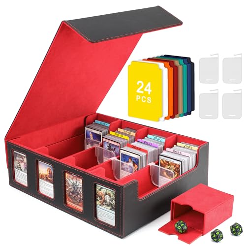 Card Deck Storage Box for Trading Cards 3000+MTG Deck Box with 24 Colorful Divider Tabs 4 Divider and Dice Box, Card Supporters PU Leather Trading Card Storage with 4 Viewing Windows (RED&BLACK)
