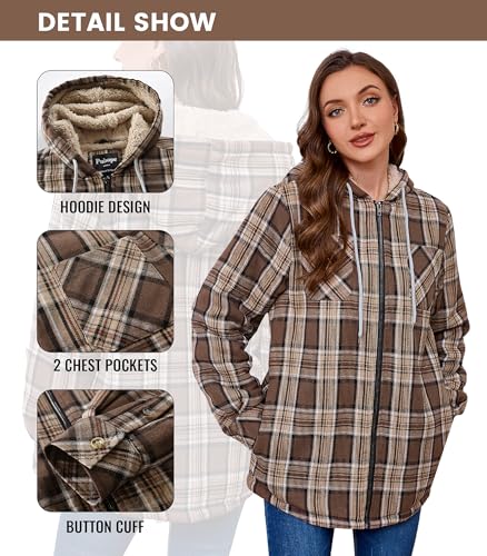 Womens Sherpa Lined Jacket Fleece Zip Up Jacket Flannel Plaid shirt jacket Full Zip Hoodies for Women3
