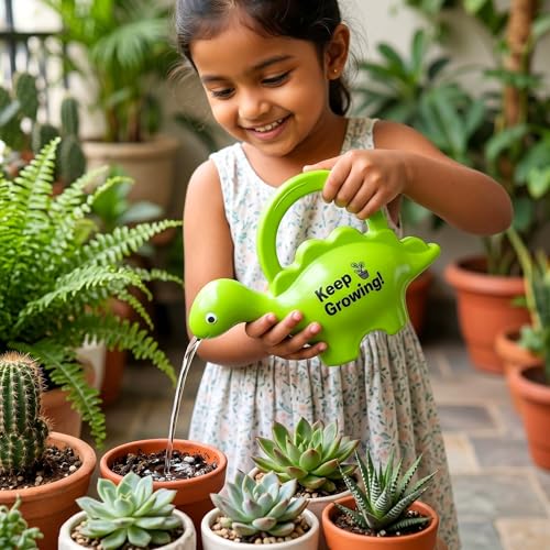 Image of Kids Dinosaur Watering Can (1 Litre) - inchKeep Growing inch Cute Gardening Water Can for Kids, Lightweight Leak-Proof Plastic, Easy Grip Handle, Indoor Outdoor Plants Watering Toy | 10 Inches