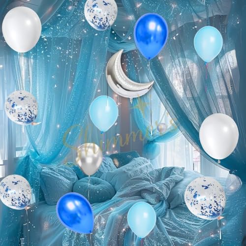 Image of Shimmers Blue Silver Birthday Decoration Kit Set of 74 - Balloon Arch with Happy Birthday Banner, Moon Foil Balloon, Net Curtains, Confetti Balloons & Lights for Party Backdrop Decor