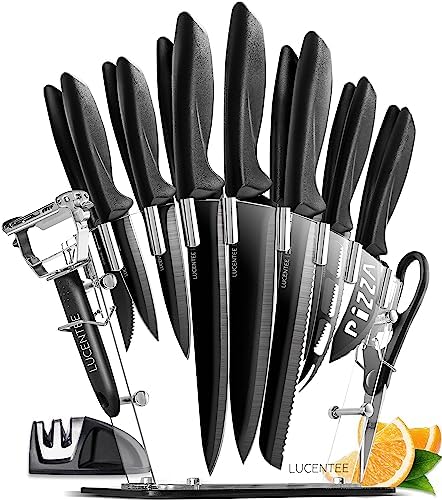 17pc Kitchen Knife Set, Kitchen Gadgets with Steak Knives, Knives Set for Kitchen, Chef Knife Set, Black Knife Set, Ultra-Sharp Ergonomic Steak Knife Set with Scissors, Peeler and Knife Sharpener